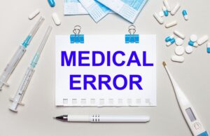 On a light gray background, blue medical masks, syringes, an electronic thermometer, pills, a pen, and a notebook with 'MEDICAL ERROR' written on it. Medical concept.