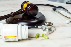 A wooden judge's gavel placed beside a pack of pills and a stethoscope on a table.