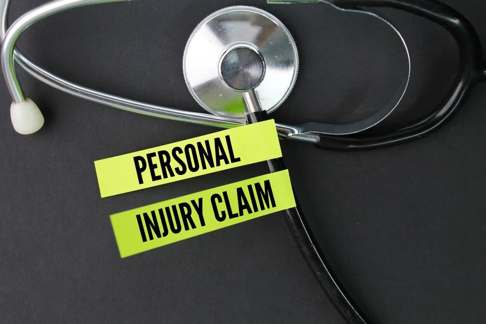 A stethoscope placed next to text reading "Personal Injury Claim," symbolizing medical and legal aspects of injury cases.